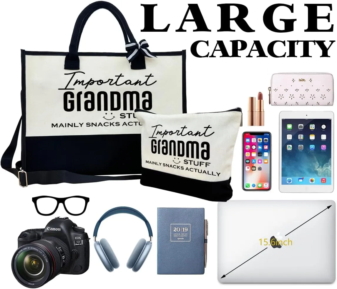 SUSZDOU Important Grandma Bag, Grandma Stuff Tote Bag, Canvas Beach Bag, Canvas Tote Bag for Women, Cotton Canvas Bag Gift for Grandma, Mother's Day Gift for Grandma, Funny Gifts for Grandma