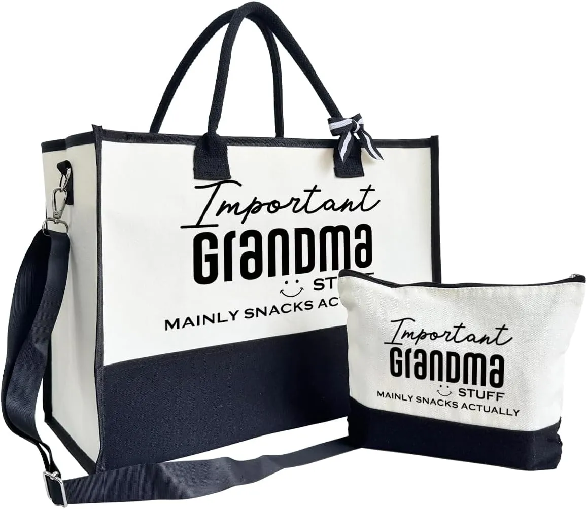 SUSZDOU Important Grandma Bag, Grandma Stuff Tote Bag, Canvas Beach Bag, Canvas Tote Bag for Women, Cotton Canvas Bag Gift for Grandma, Mother's Day Gift for Grandma, Funny Gifts for Grandma