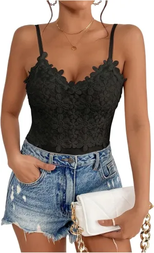 SweatyRocks Women's Appliques Lace Bodysuit Sleeveless V Neck Fitted Camisole Tops