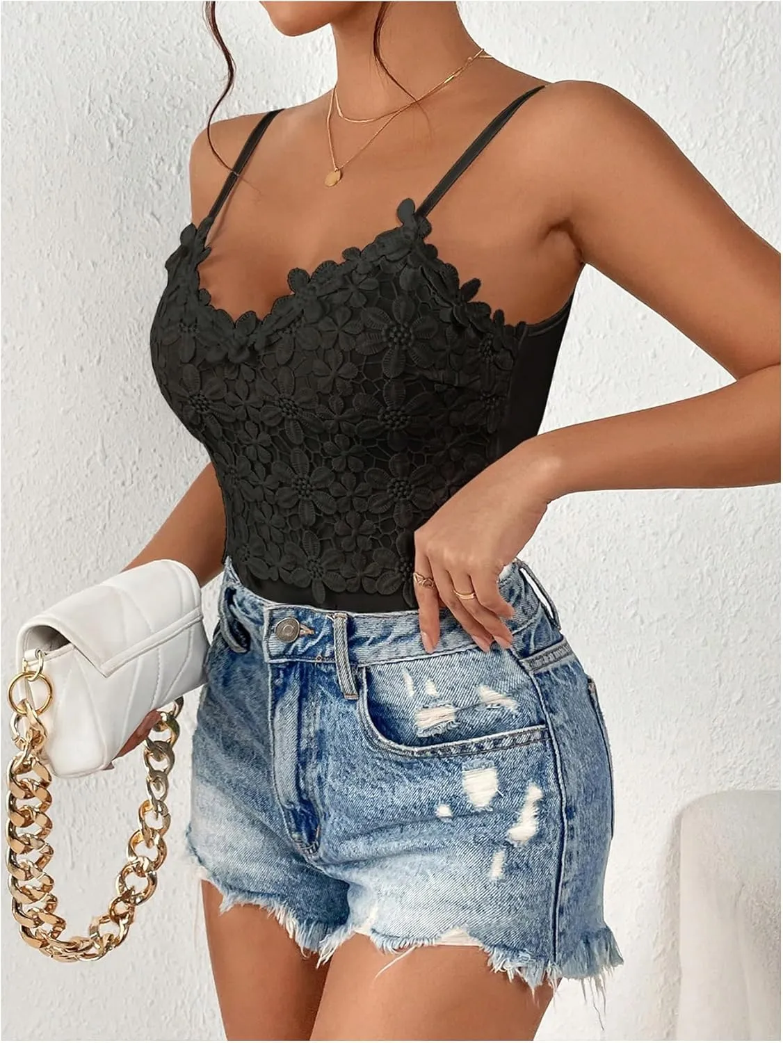 SweatyRocks Women's Appliques Lace Bodysuit Sleeveless V Neck Fitted Camisole Tops
