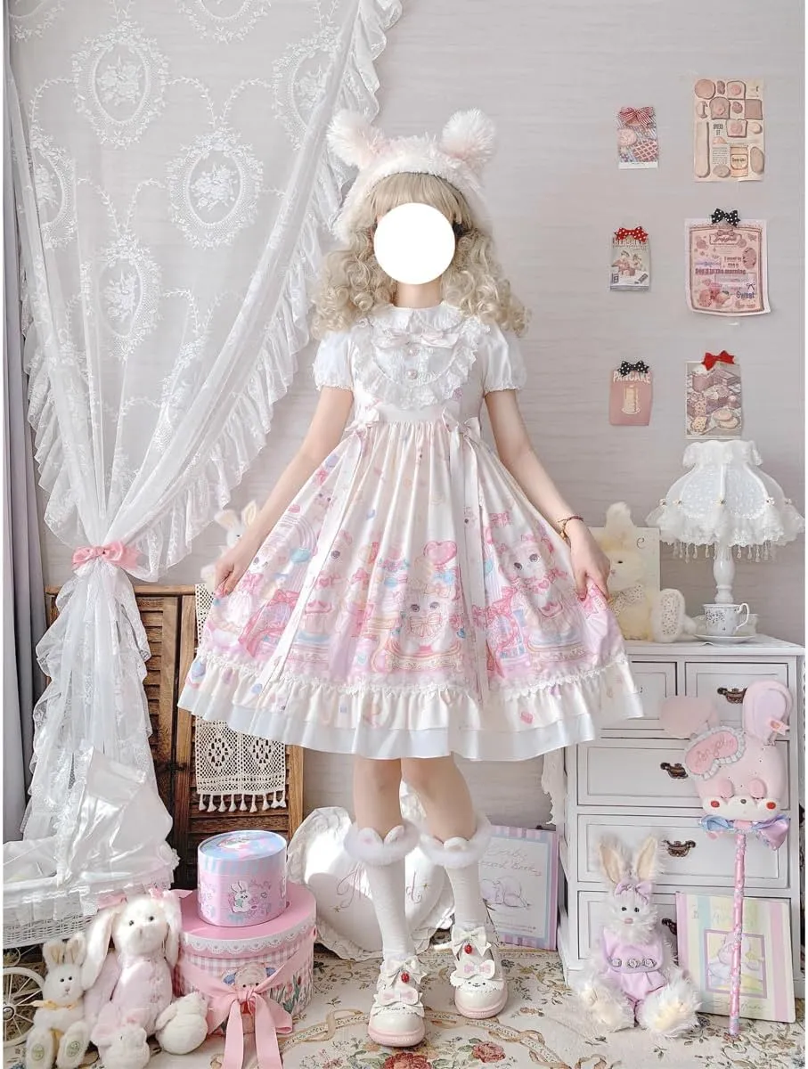Sweet Lolita Dresses for Teens Japanese Kawaii Kawaii Printed Lace Sleeveless Dress Casual High Waist Cosplay Party Dress