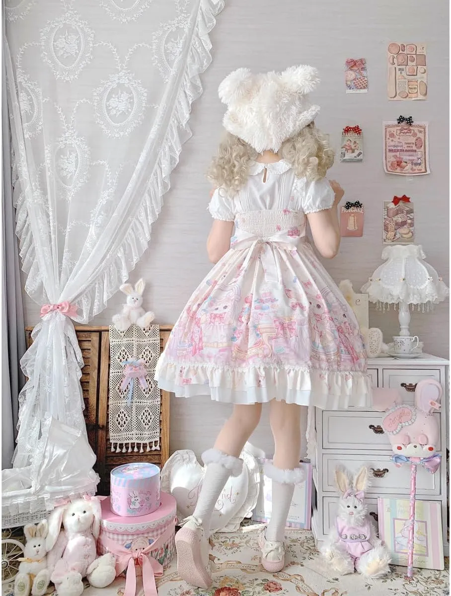 Sweet Lolita Dresses for Teens Japanese Kawaii Kawaii Printed Lace Sleeveless Dress Casual High Waist Cosplay Party Dress
