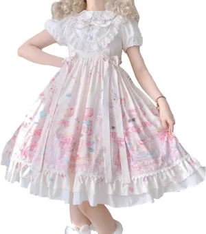 Sweet Lolita Dresses for Teens Japanese Kawaii Kawaii Printed Lace Sleeveless Dress Casual High Waist Cosplay Party Dress