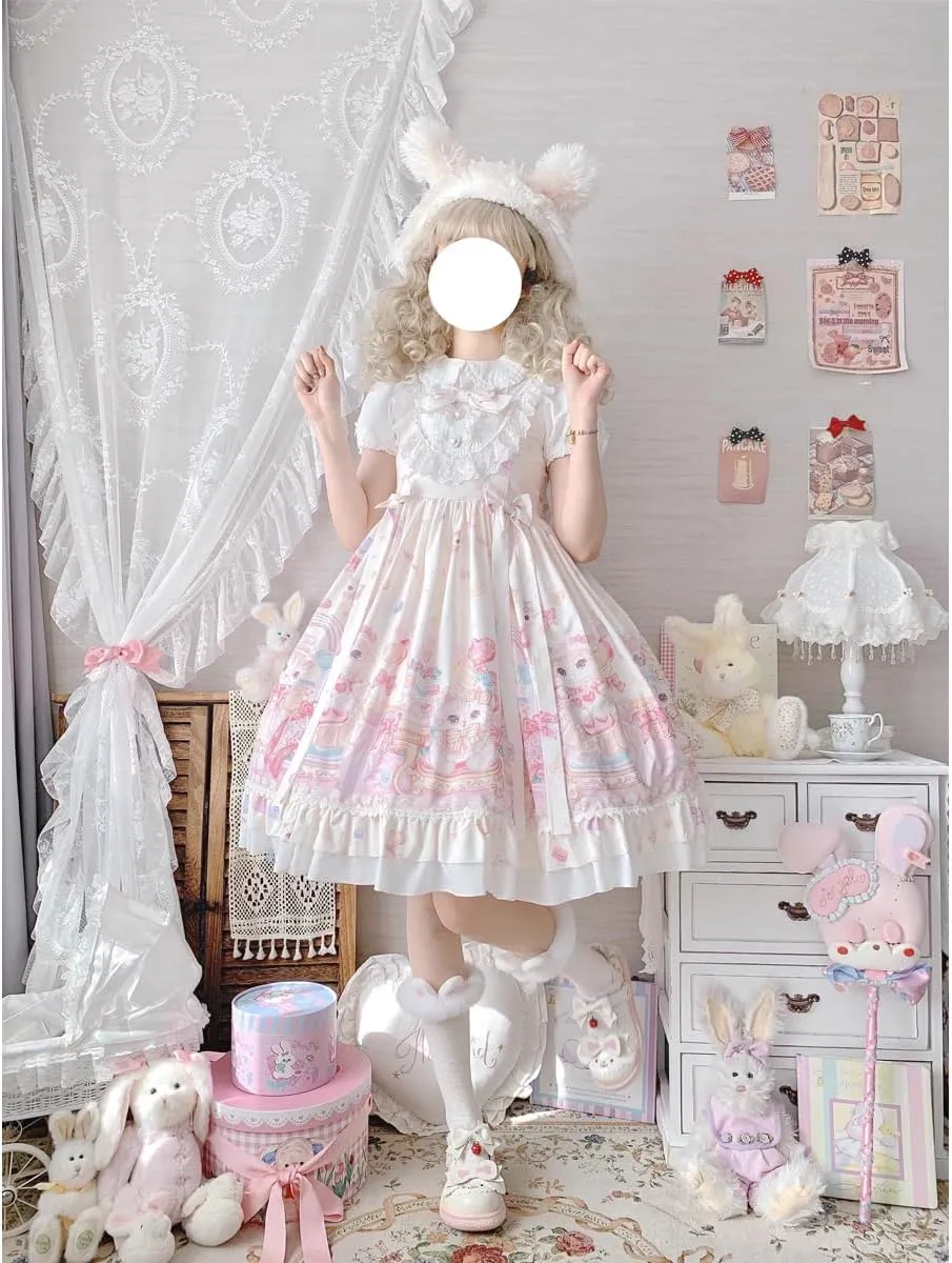 Sweet Lolita Dresses for Teens Japanese Kawaii Kawaii Printed Lace Sleeveless Dress Casual High Waist Cosplay Party Dress