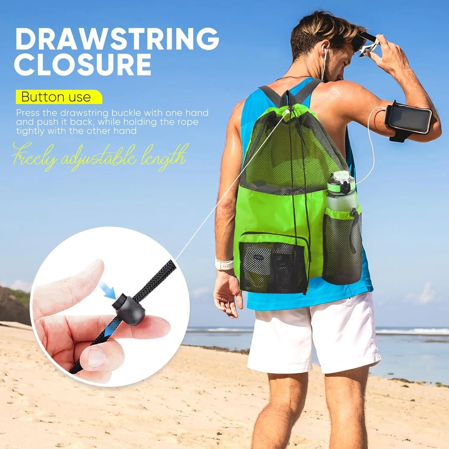 Swim Mesh Beach Bag, Waterproof Gym Bags for Women and Men, Large Pool Bag Swimming Gear Drawstring Backpack