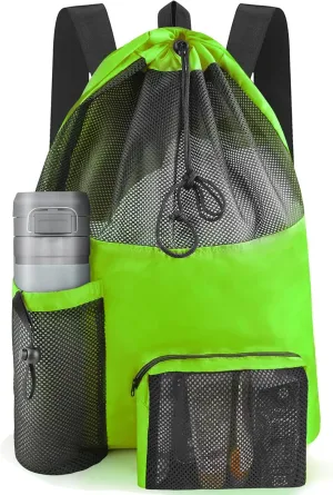 Swim Mesh Beach Bag, Waterproof Gym Bags for Women and Men, Large Pool Bag Swimming Gear Drawstring Backpack