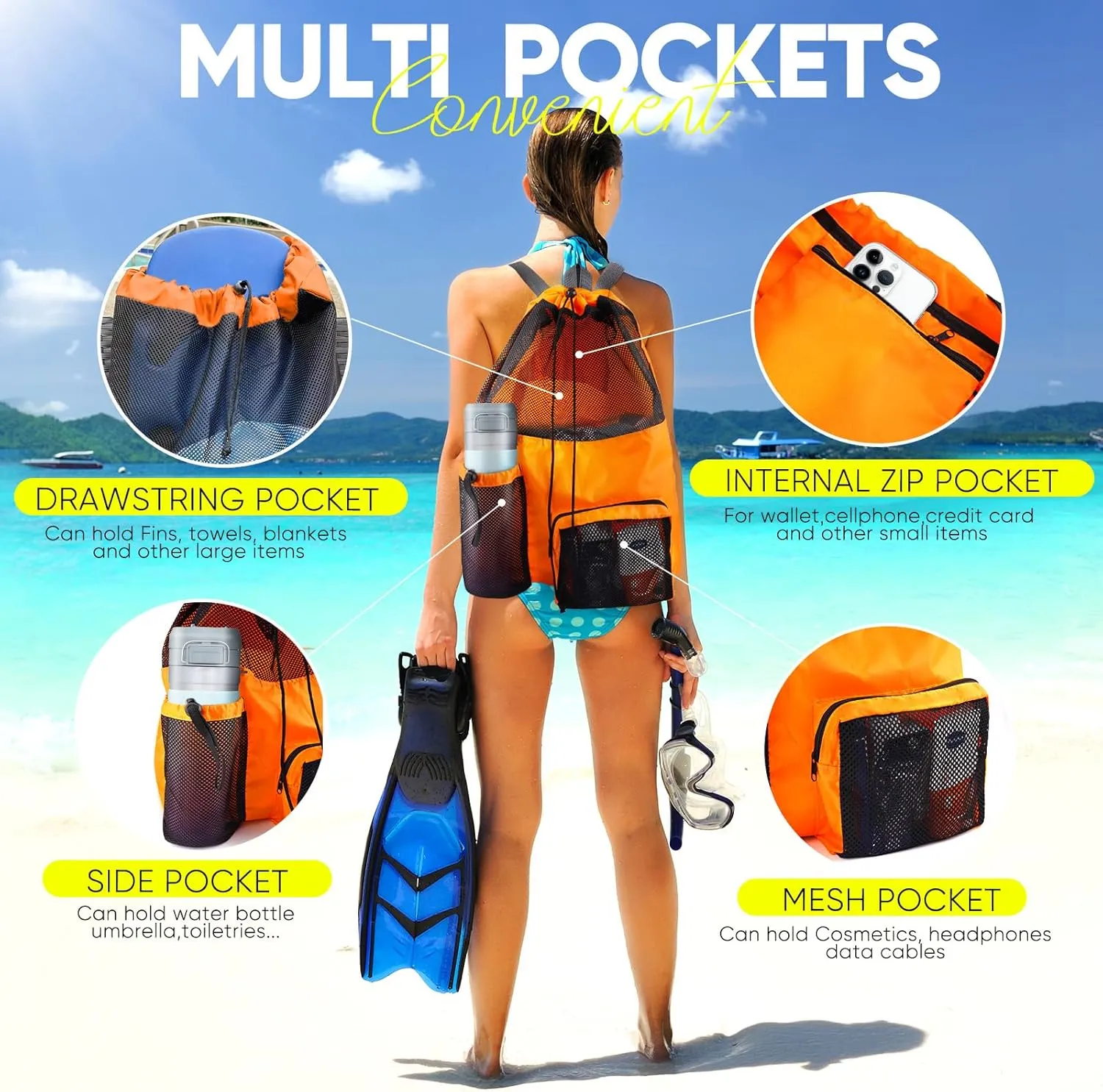 Swim Mesh Beach Bag, Waterproof Gym Bags for Women and Men, Large Pool Bag Swimming Gear Drawstring Backpack
