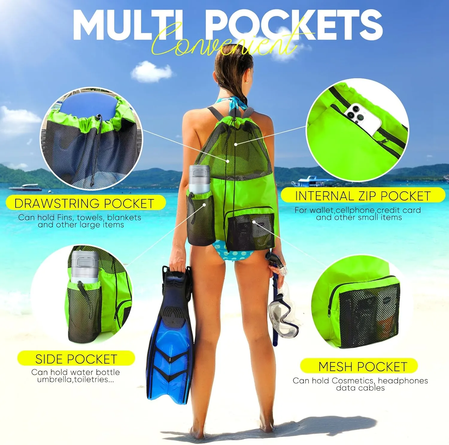 Swim Mesh Beach Bag, Waterproof Gym Bags for Women and Men, Large Pool Bag Swimming Gear Drawstring Backpack