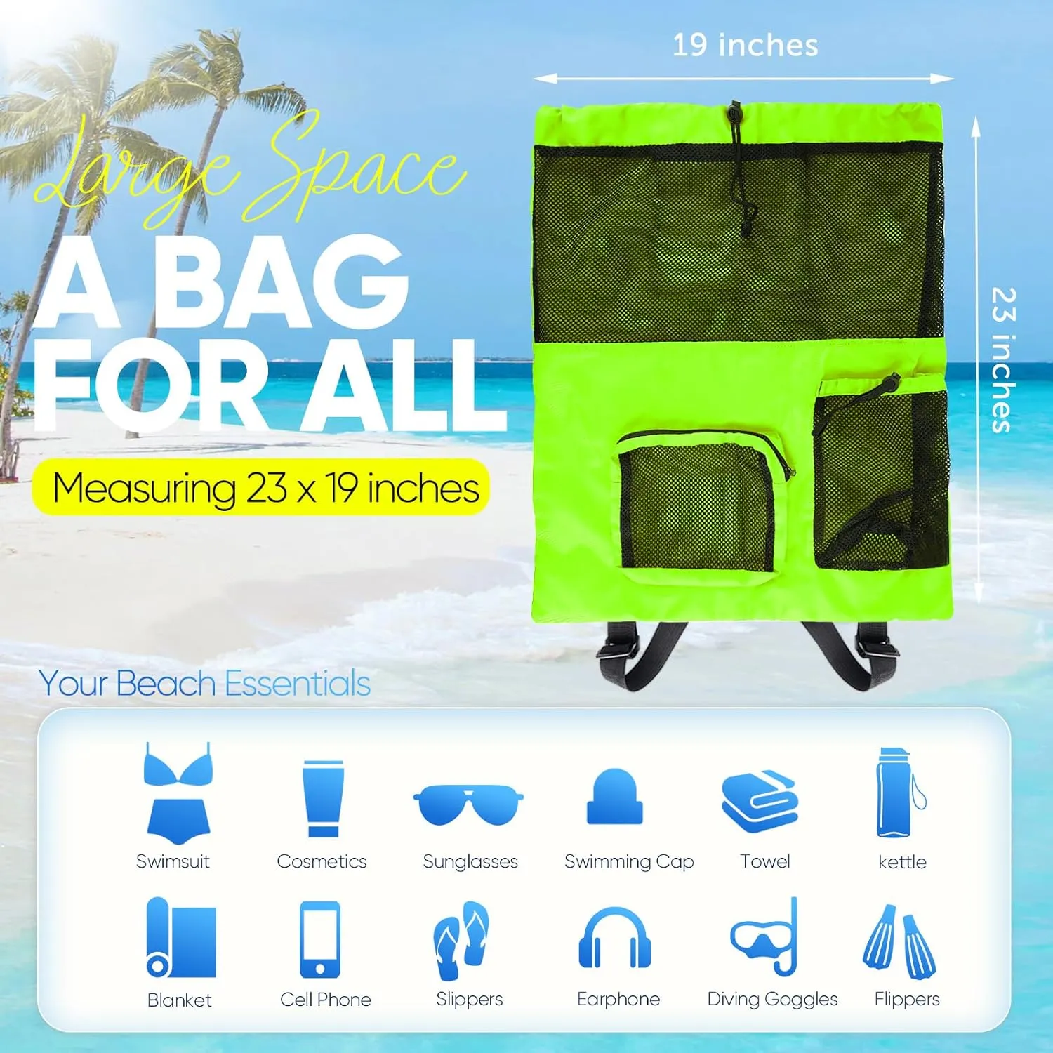 Swim Mesh Beach Bag, Waterproof Gym Bags for Women and Men, Large Pool Bag Swimming Gear Drawstring Backpack