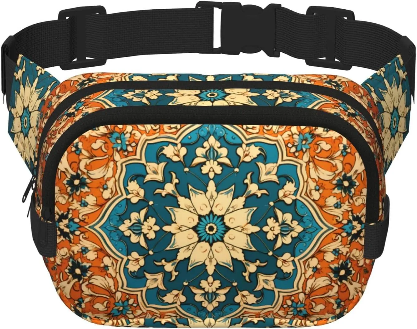 Symmetrical floral pattern Printed Fashion Crossbody Bag, Hiking Waist Bag, Square Double Layer Travel and Fitness Shoulder Bag