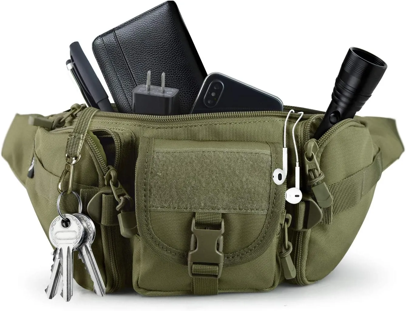 Tactical Fanny Pack,Military Waist Bag Pack with U.S Patch Utility Hip Belt Bumbag for Outdoor Fishing Hiking (Army Green(5 Zipper Pockets))