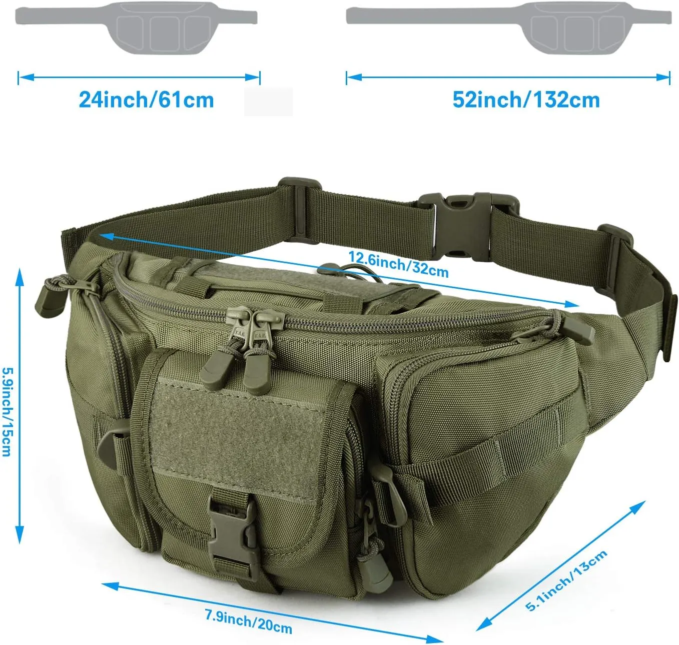 Tactical Fanny Pack,Military Waist Bag Pack with U.S Patch Utility Hip Belt Bumbag for Outdoor Fishing Hiking (Army Green(5 Zipper Pockets))