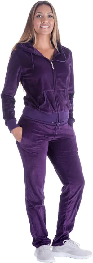 TanBridge Women's 2 Piece Solid Velvet Tracksuit Set Full Zip-up Hooded Sweatshirts & Pants Set