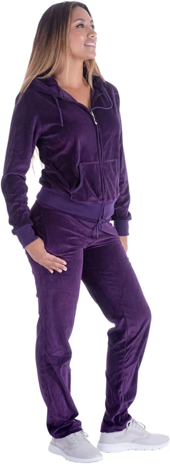 TanBridge Women's 2 Piece Solid Velvet Tracksuit Set Full Zip-up Hooded Sweatshirts & Pants Set