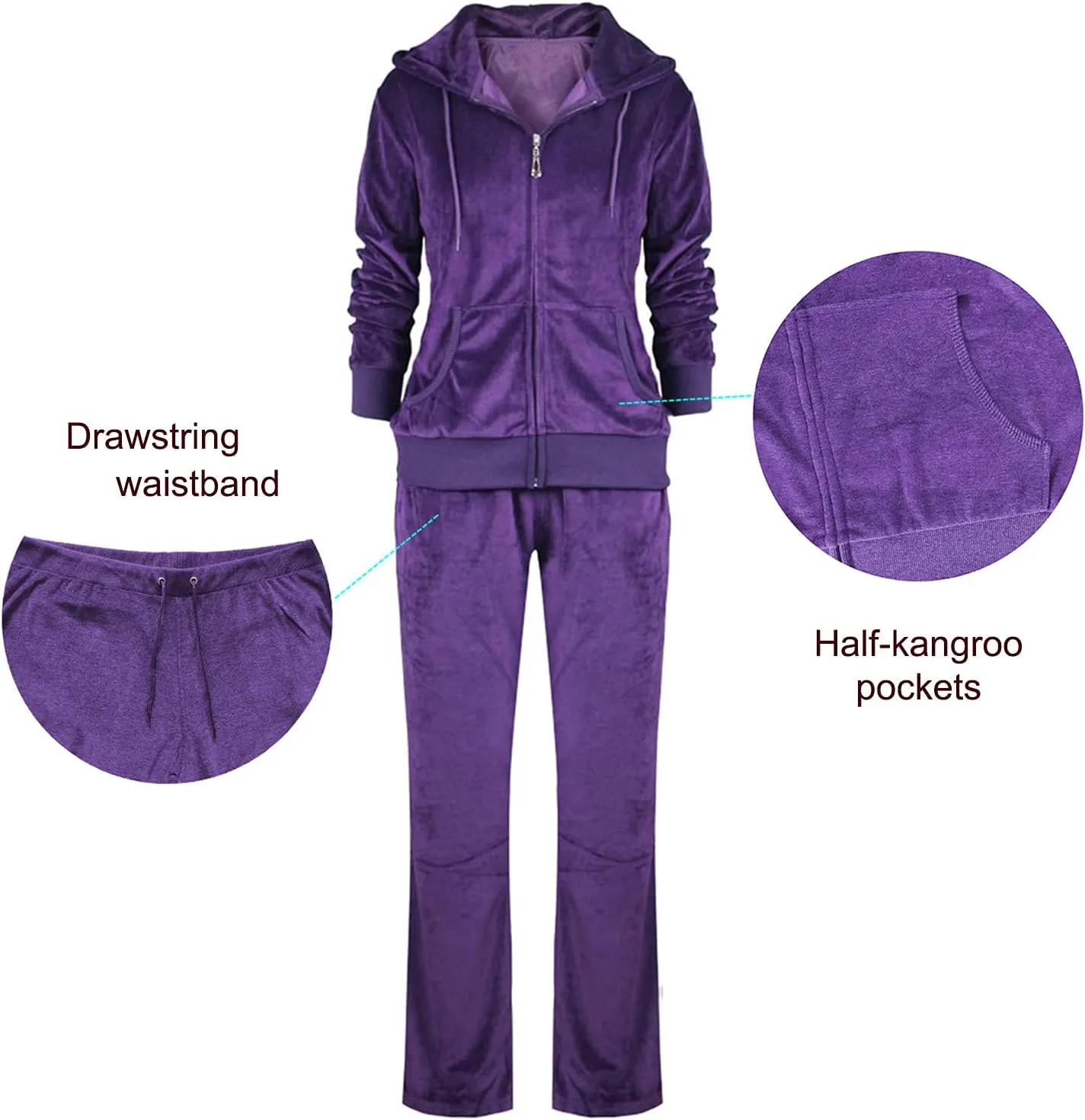 TanBridge Women's 2 Piece Solid Velvet Tracksuit Set Full Zip-up Hooded Sweatshirts & Pants Set
