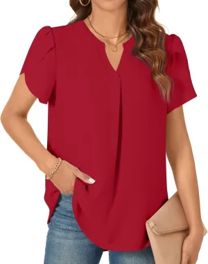 TAOHUADAO Womens Dressy Chiffon Blouses Summer Casual T-Shirts Petal Short Sleeve V Neck Tunic Tops for Leggings
