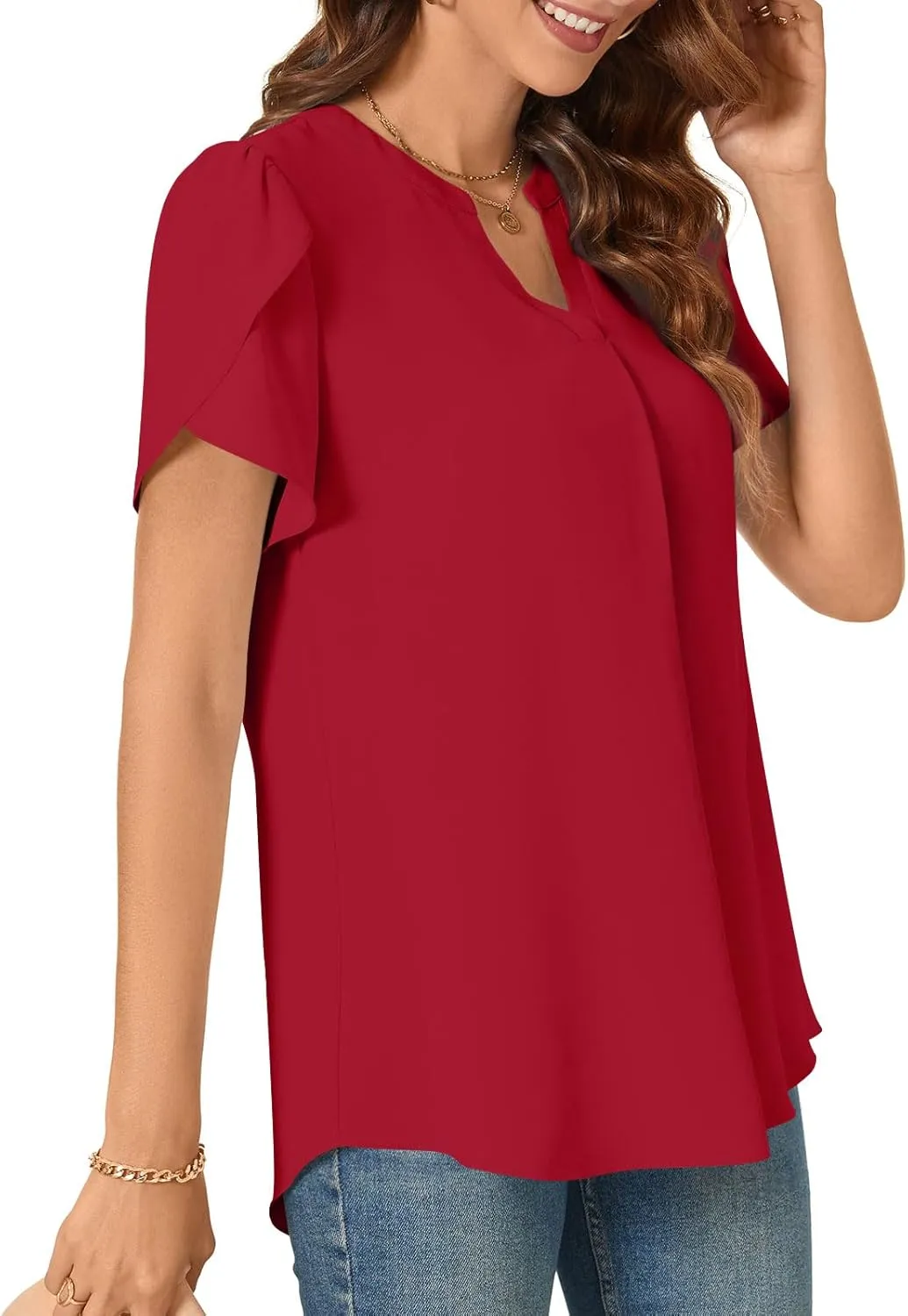 TAOHUADAO Womens Dressy Chiffon Blouses Summer Casual T-Shirts Petal Short Sleeve V Neck Tunic Tops for Leggings