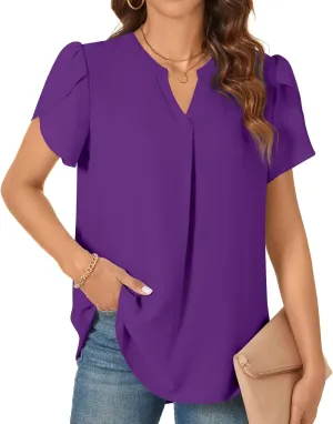 TAOHUADAO Womens Dressy Chiffon Blouses Summer Casual T-Shirts Petal Short Sleeve V Neck Tunic Tops for Leggings