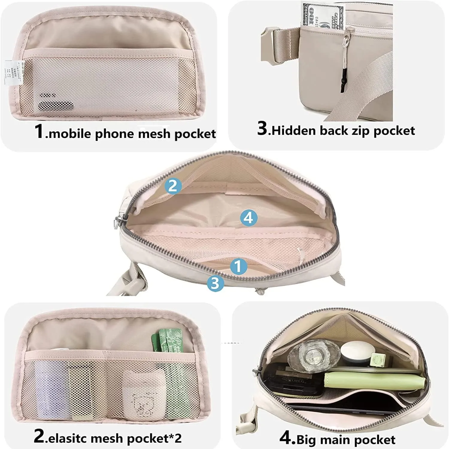 Tapp Collections Unisex Mini Crossbody Belt Bag with Adjustable Strap Small Waist Pouch for Workout Running Traveling Hiking - White