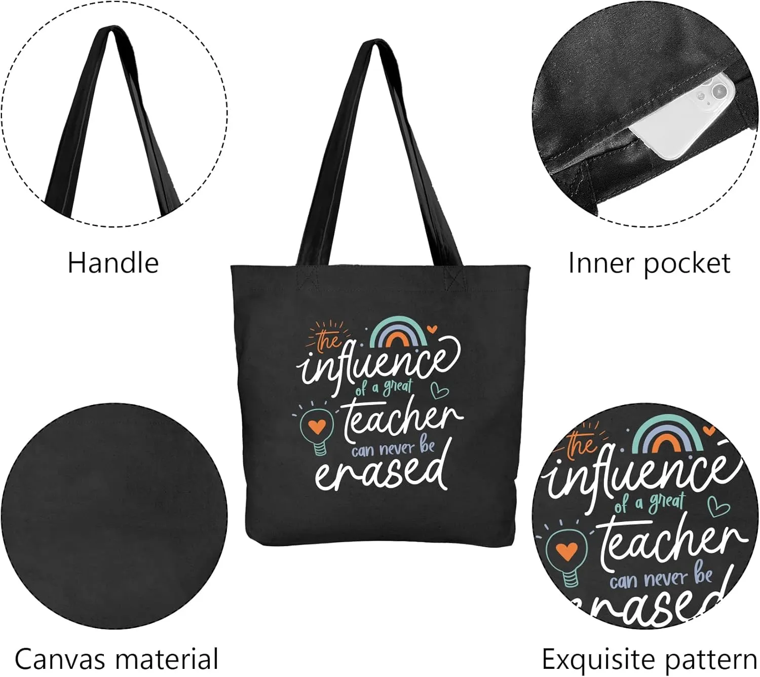 Teacher Gifts for Women Teacher Bag Thank You Birthday Christmas Graduation Thanksgiving Gifts Canvas Tote Bag with Pocket Black