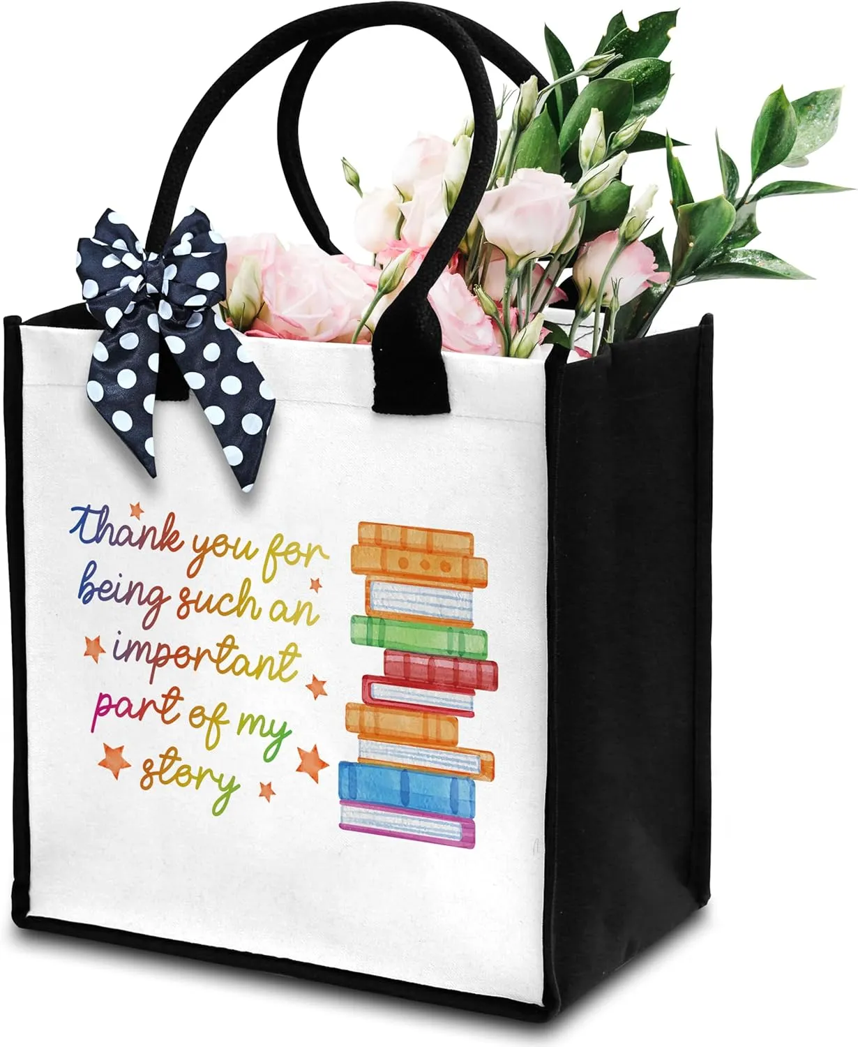 Teacher Tote Bag For Women, Thank You For Being Such An Important Part Of My Story Tote Bag, Appreciation Gift Tote Bag With Ribbon For Teacher's Day, Beach Tote Bag Thank You Gifts For Teachers -06