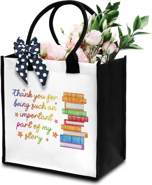 Teacher Tote Bag For Women, Thank You For Being Such An Important Part Of My Story Tote Bag, Appreciation Gift Tote Bag With Ribbon For Teacher's Day, Beach Tote Bag Thank You Gifts For Teachers -06