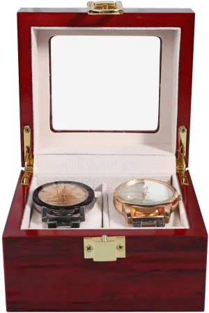 TeamSky 2 Grids Watch Box,Watch Box Organizer for Men,Red Wood Wrist Watch Storage Case with Metal Lock,Transparent Cover,Soft Pillows for Jewelry Watches Collection Display