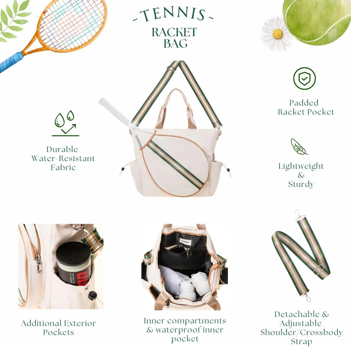 Tennis Bag for Women Racket Tote, Stylish Backpack - Unisex Racquet Sports Pickleball Bag Convertible Shoulder, Crossbody Strap Large Compartment