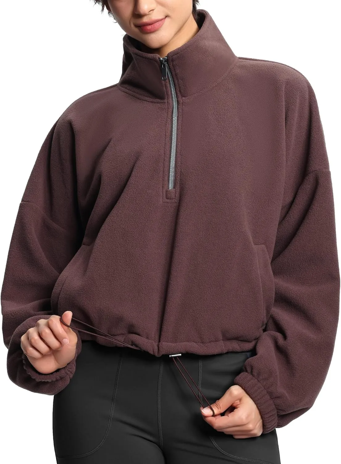 THE GYM PEOPLE Women’s Half Zip Crop Pullover Sweatshirt Fleece Stand Collar Workout Tops with Pockets Drawstring Hem