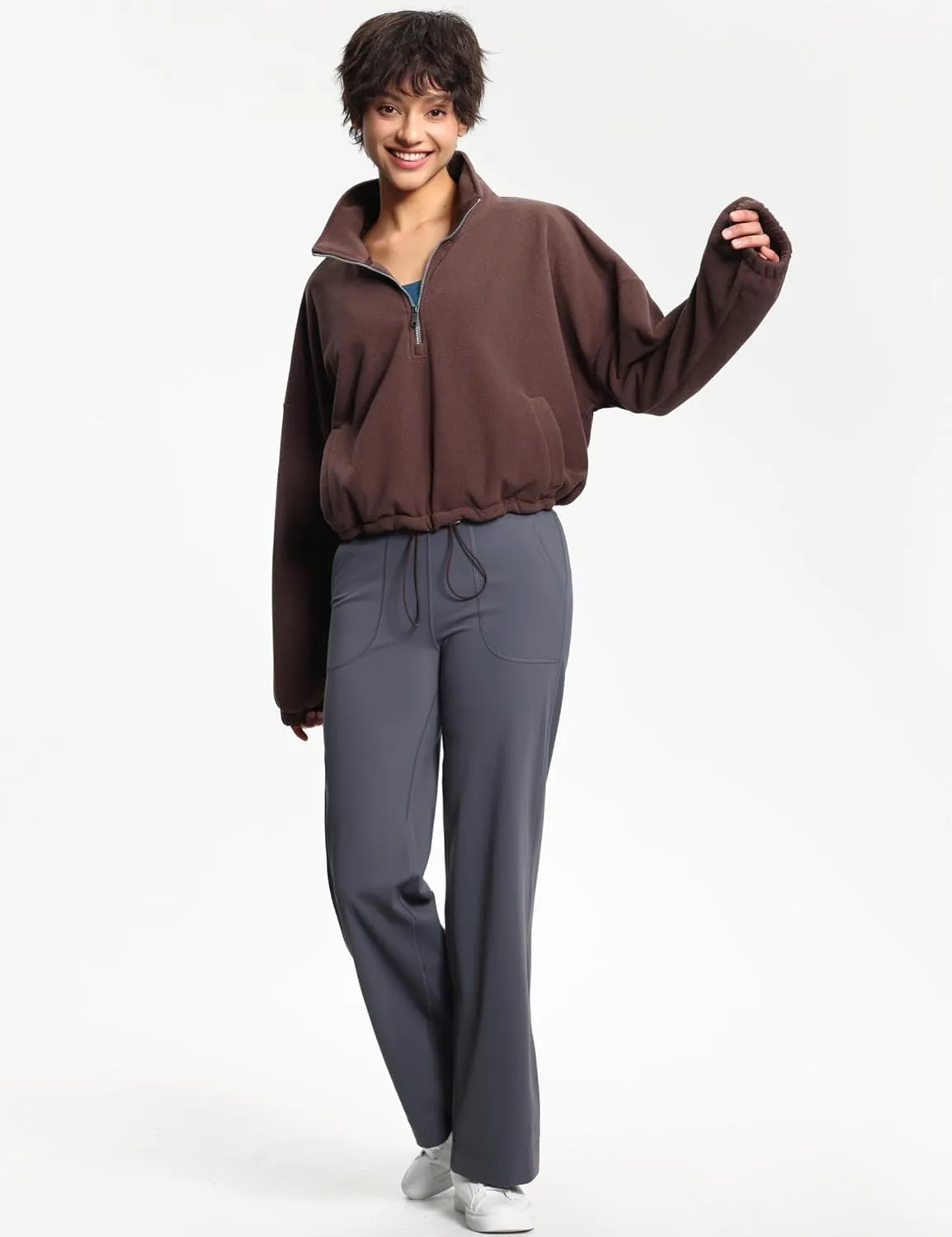 THE GYM PEOPLE Women’s Half Zip Crop Pullover Sweatshirt Fleece Stand Collar Workout Tops with Pockets Drawstring Hem