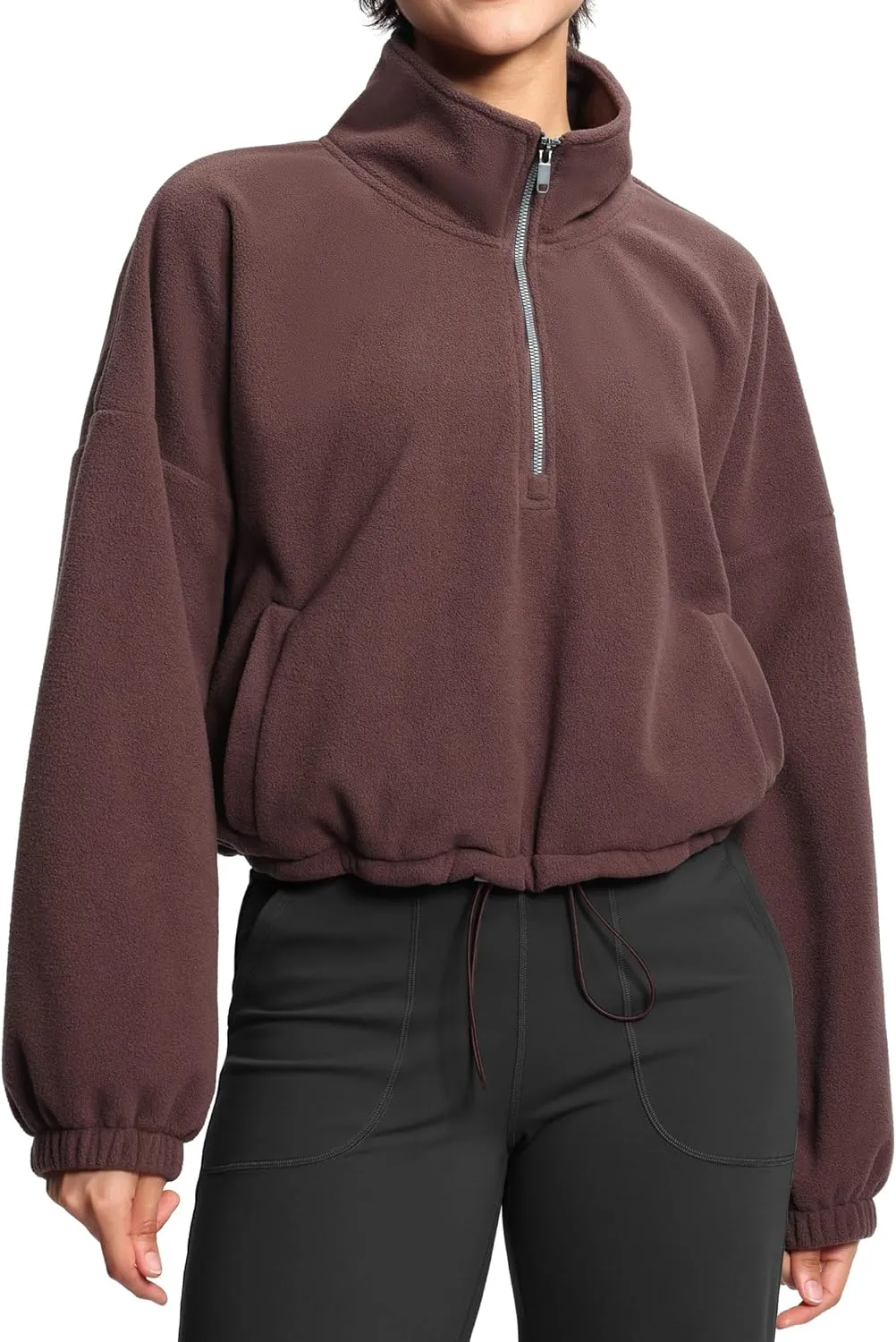 THE GYM PEOPLE Women’s Half Zip Crop Pullover Sweatshirt Fleece Stand Collar Workout Tops with Pockets Drawstring Hem