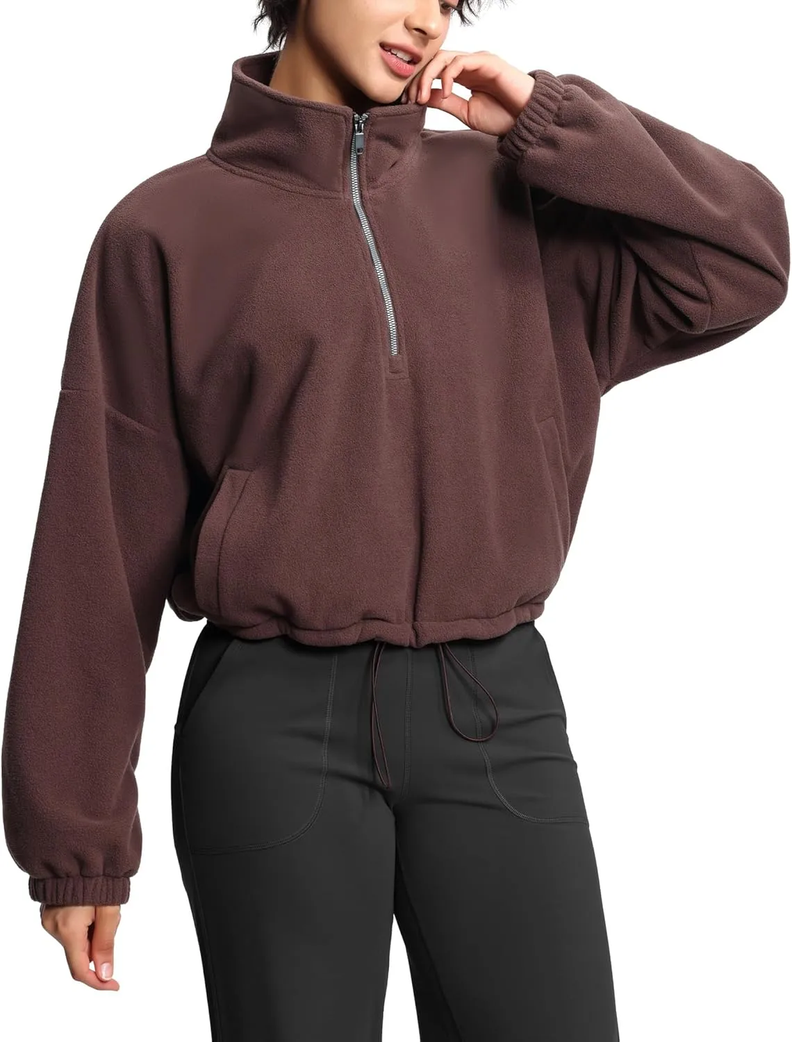THE GYM PEOPLE Women’s Half Zip Crop Pullover Sweatshirt Fleece Stand Collar Workout Tops with Pockets Drawstring Hem