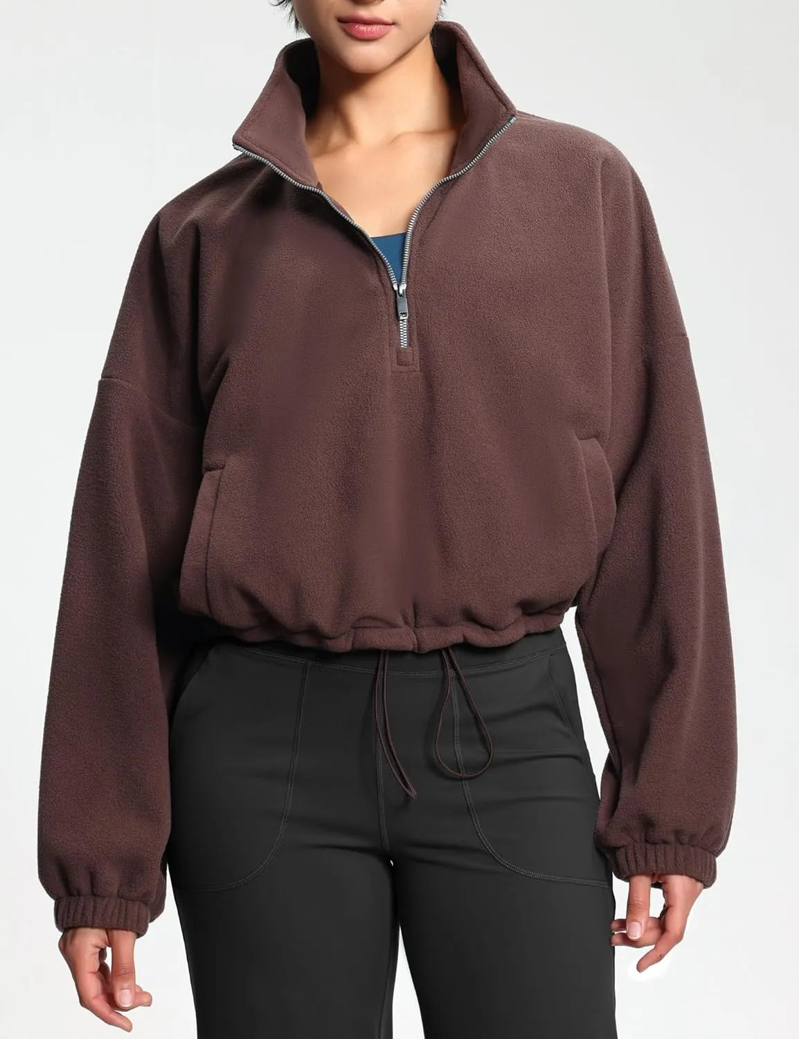 THE GYM PEOPLE Women’s Half Zip Crop Pullover Sweatshirt Fleece Stand Collar Workout Tops with Pockets Drawstring Hem
