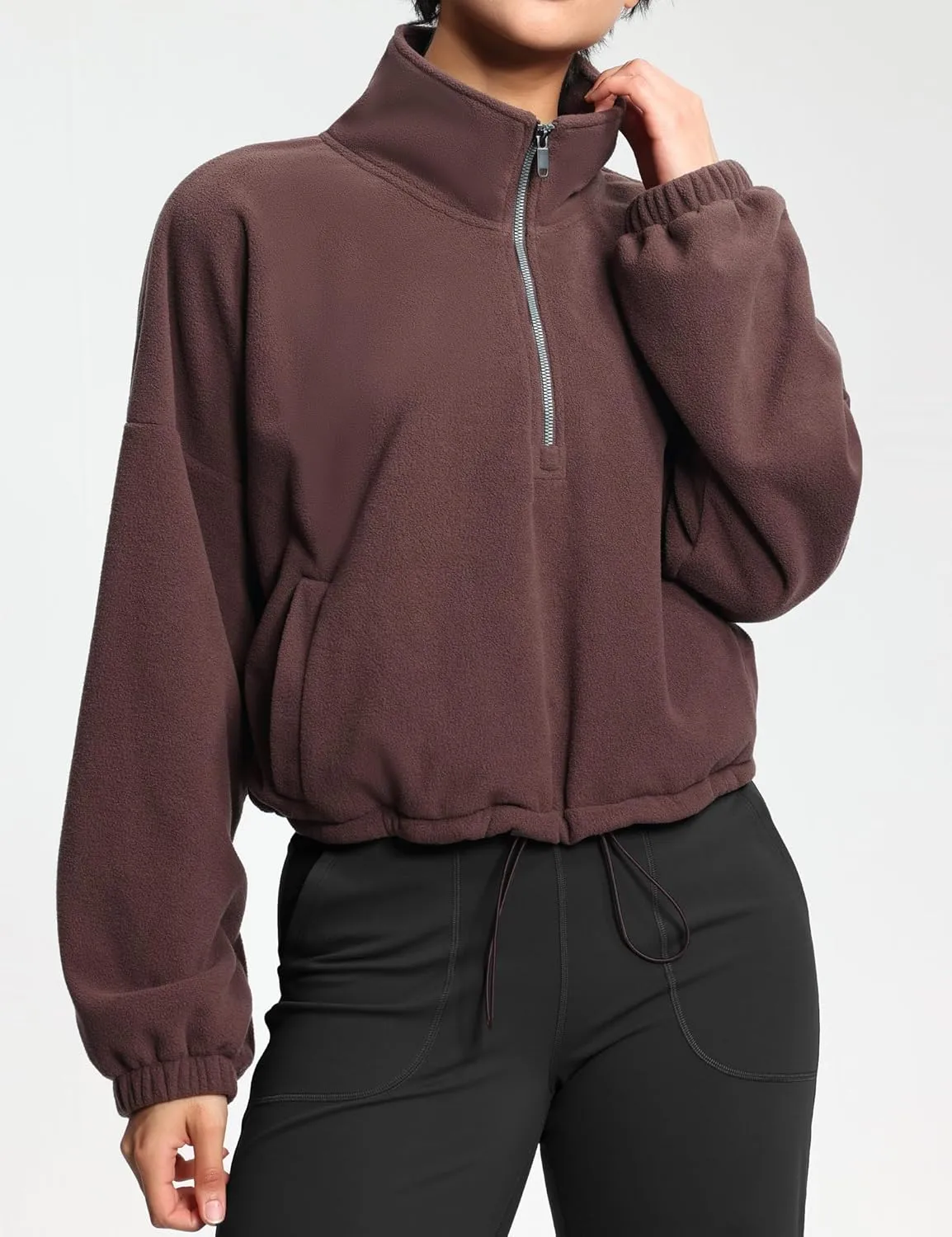 THE GYM PEOPLE Women’s Half Zip Crop Pullover Sweatshirt Fleece Stand Collar Workout Tops with Pockets Drawstring Hem
