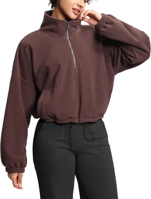THE GYM PEOPLE Women’s Half Zip Crop Pullover Sweatshirt Fleece Stand Collar Workout Tops with Pockets Drawstring Hem