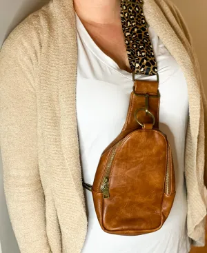 The Isla Sling Bag with Guitar Strap | Dark Brown with Leopard Strap