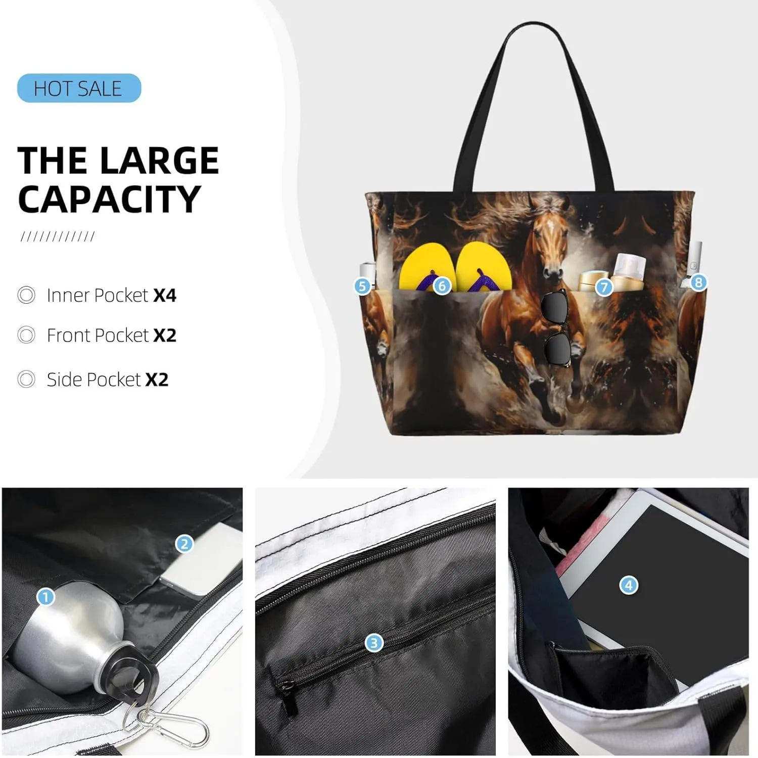 The Wolf With Blue Eyes Spacious Large Capacity Beach Travel Bag - Foldable Beach Bag Tote Bag With Zipper