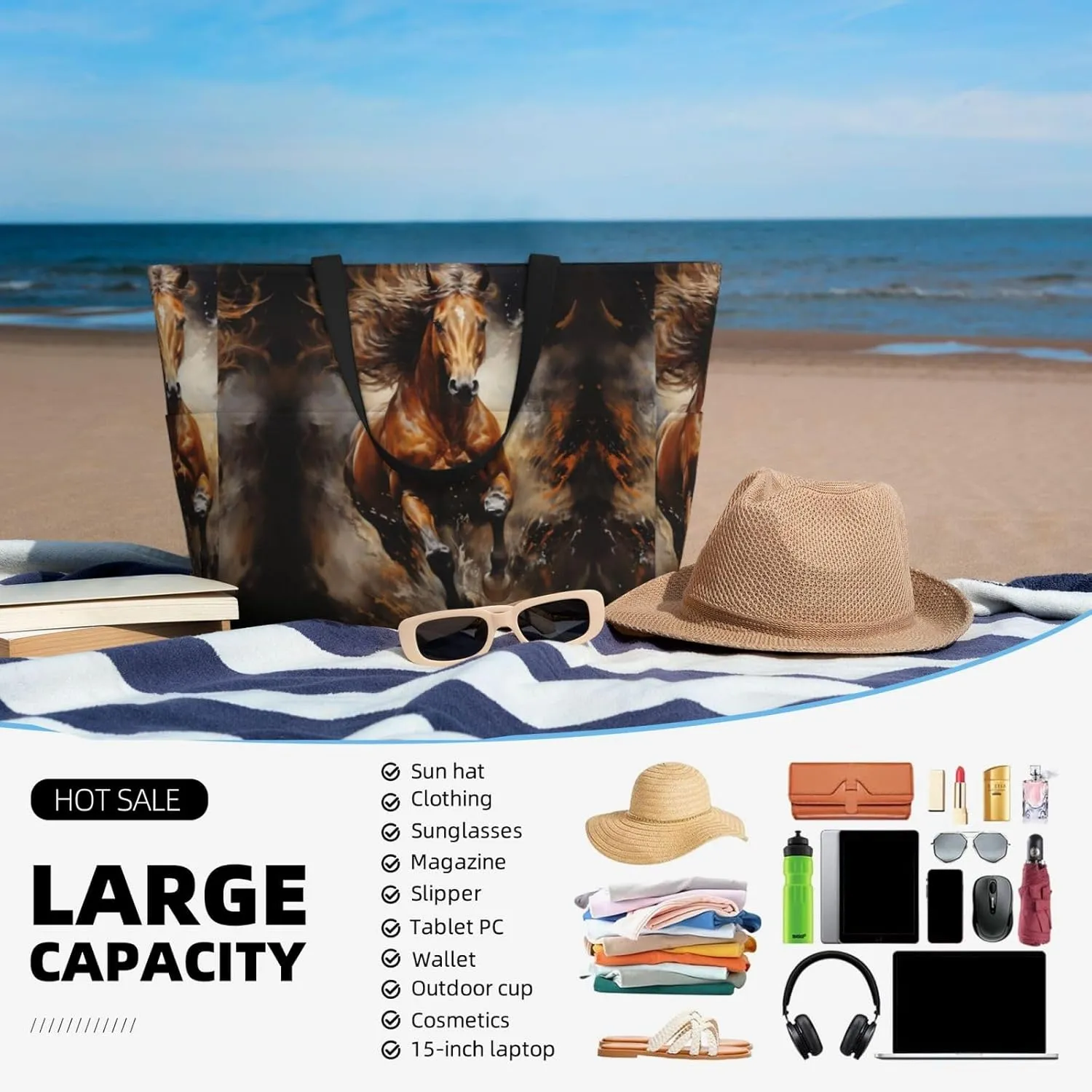 The Wolf With Blue Eyes Spacious Large Capacity Beach Travel Bag - Foldable Beach Bag Tote Bag With Zipper
