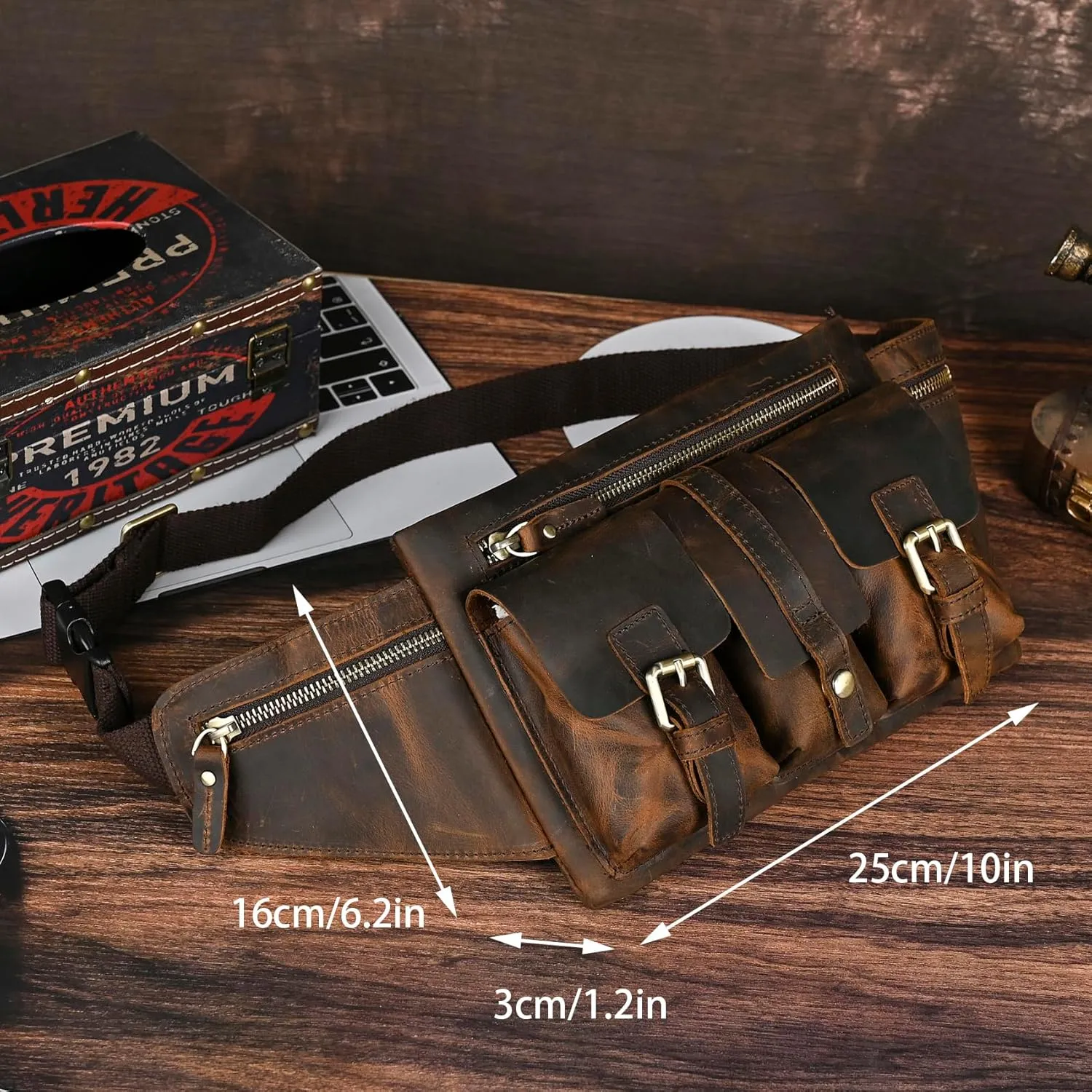 Thick Crazy Horse Leather Hiking Riding Travel Outdoor Belt Fanny Waist Pack Small Phone Pouch For Men Women 380 (381 Brown)