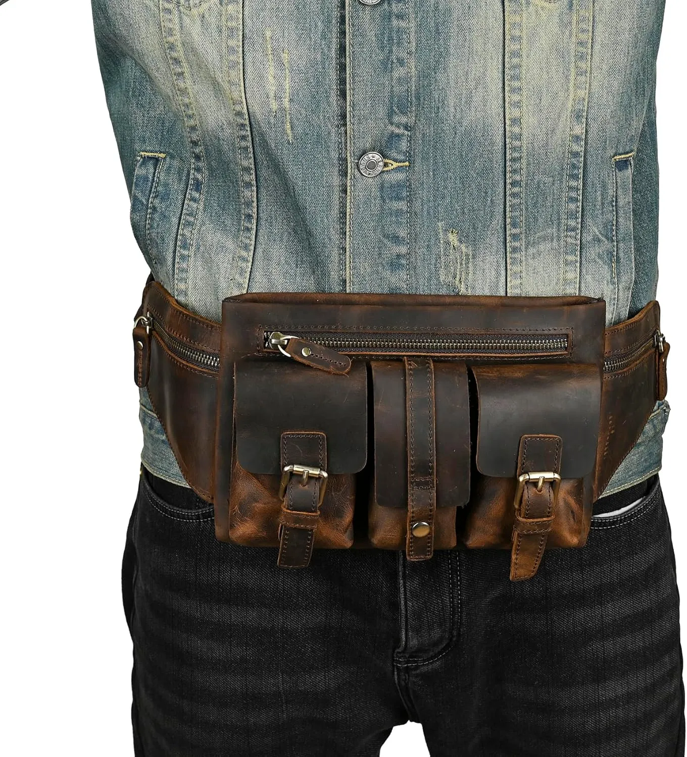 Thick Crazy Horse Leather Hiking Riding Travel Outdoor Belt Fanny Waist Pack Small Phone Pouch For Men Women 380 (381 Brown)