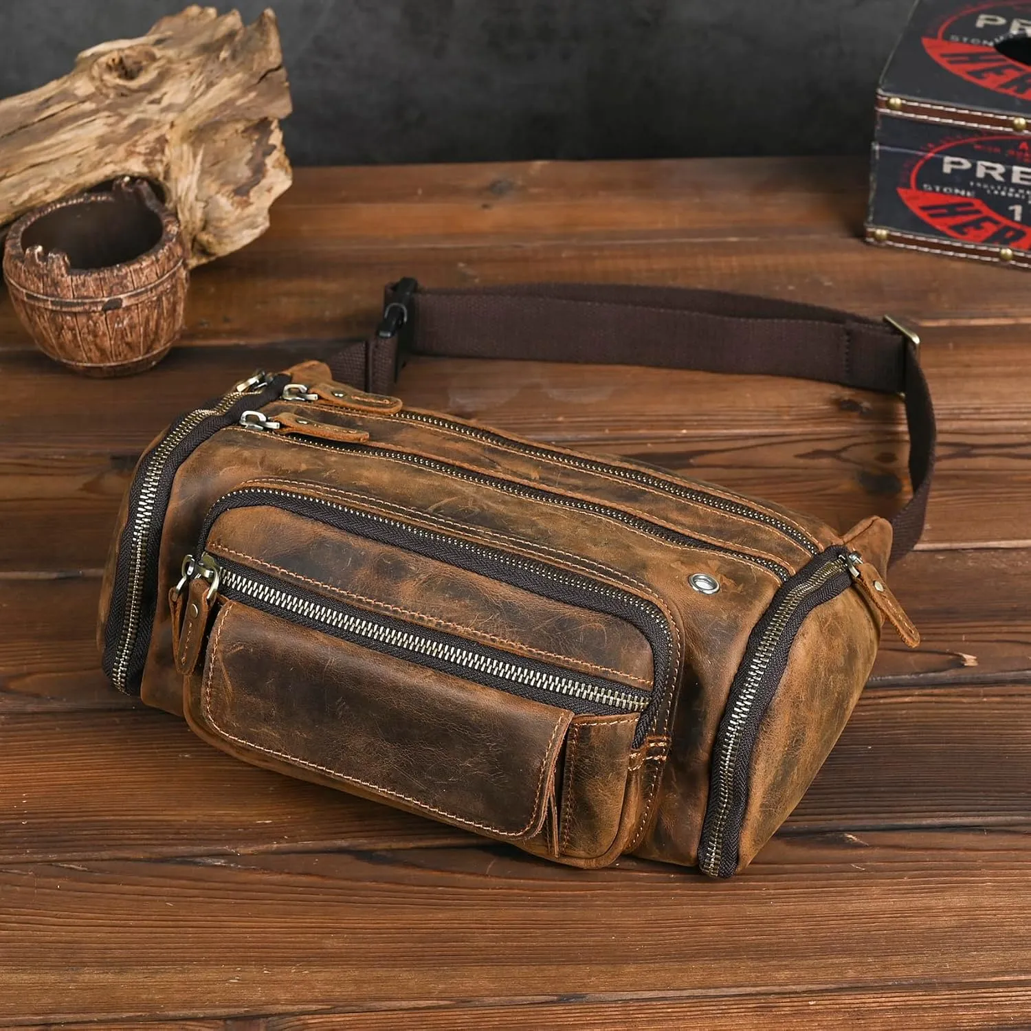 Thick Crazy Horse Leather Hiking Riding Travel Outdoor Belt Fanny Waist Pack Small Phone Pouch For Men Women 380 (382 Brown)
