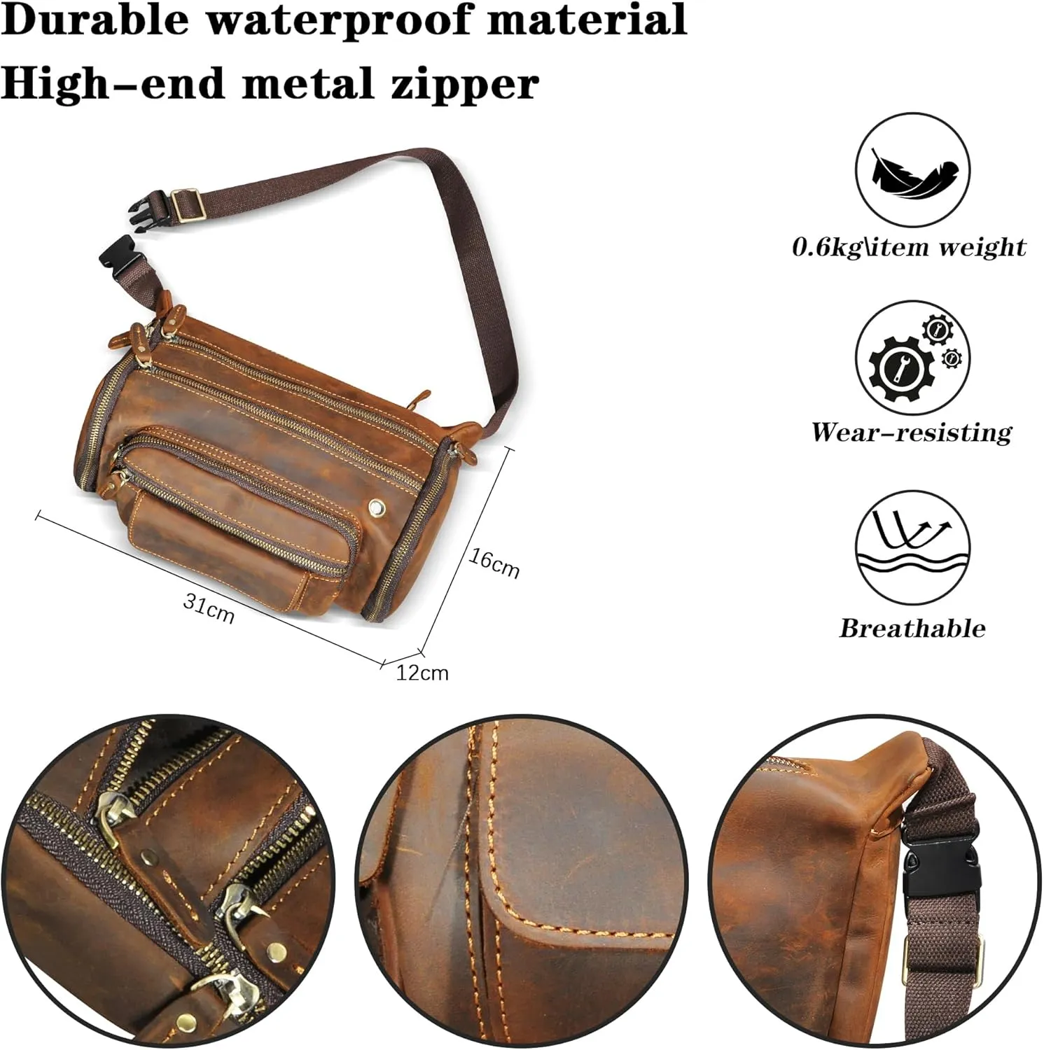 Thick Crazy Horse Leather Hiking Riding Travel Outdoor Belt Fanny Waist Pack Small Phone Pouch For Men Women 380 (382 Brown)