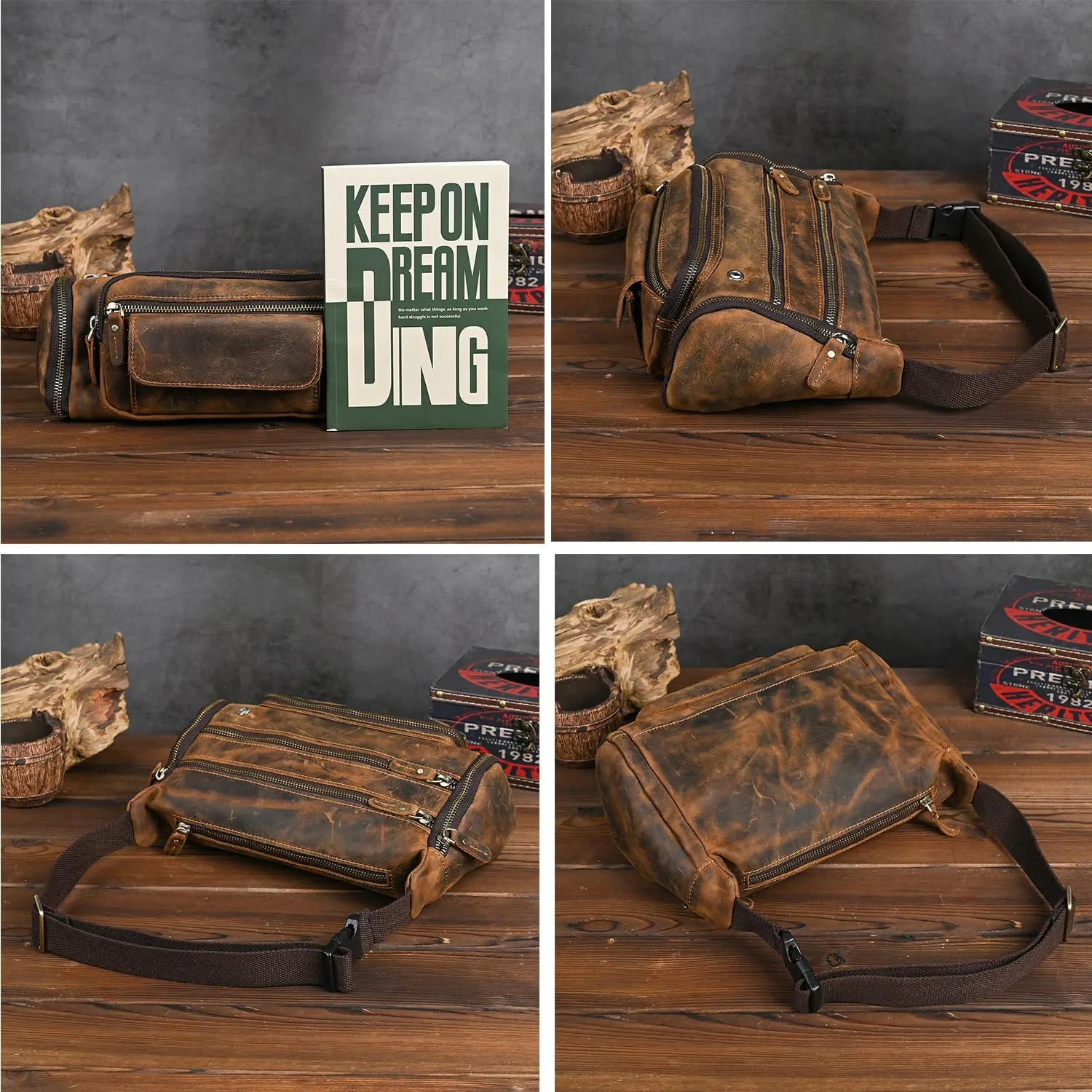 Thick Crazy Horse Leather Hiking Riding Travel Outdoor Belt Fanny Waist Pack Small Phone Pouch For Men Women 380 (382 Brown)