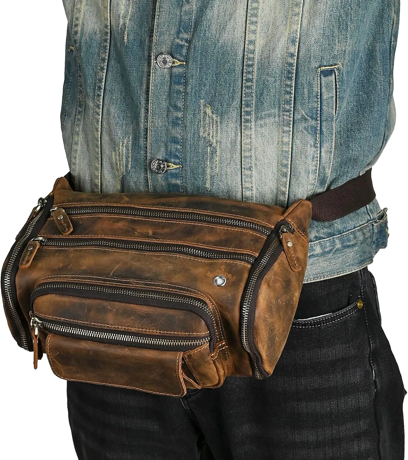 Thick Crazy Horse Leather Hiking Riding Travel Outdoor Belt Fanny Waist Pack Small Phone Pouch For Men Women 380 (382 Brown)