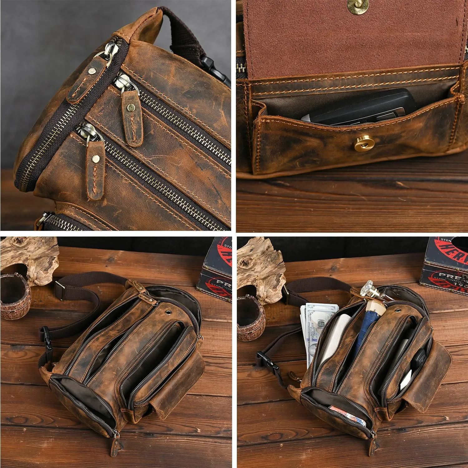 Thick Crazy Horse Leather Hiking Riding Travel Outdoor Belt Fanny Waist Pack Small Phone Pouch For Men Women 380 (382 Brown)