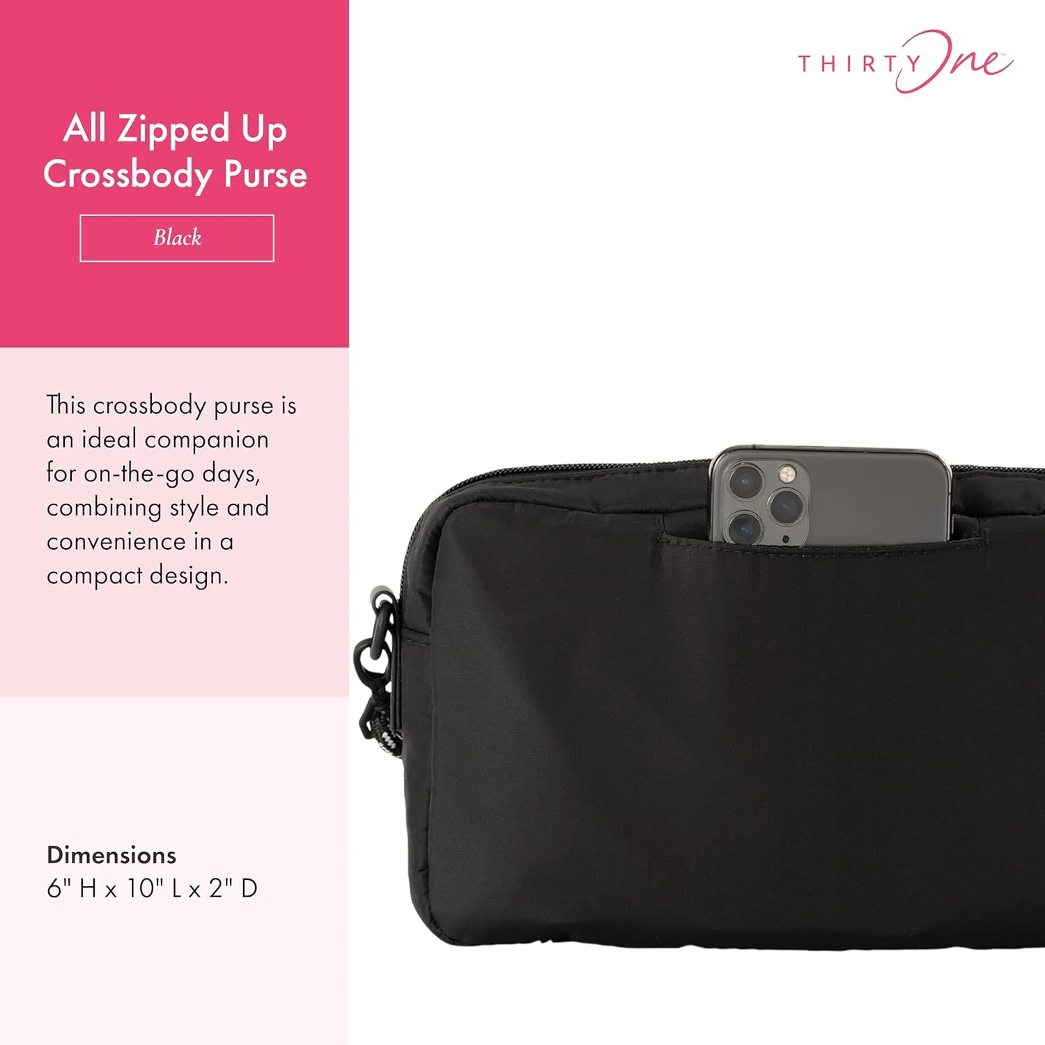 THIRTY-ONE Gifts All Zipped Up Crossbody Purse, Zipper-Top Crossbody Bag for Women
