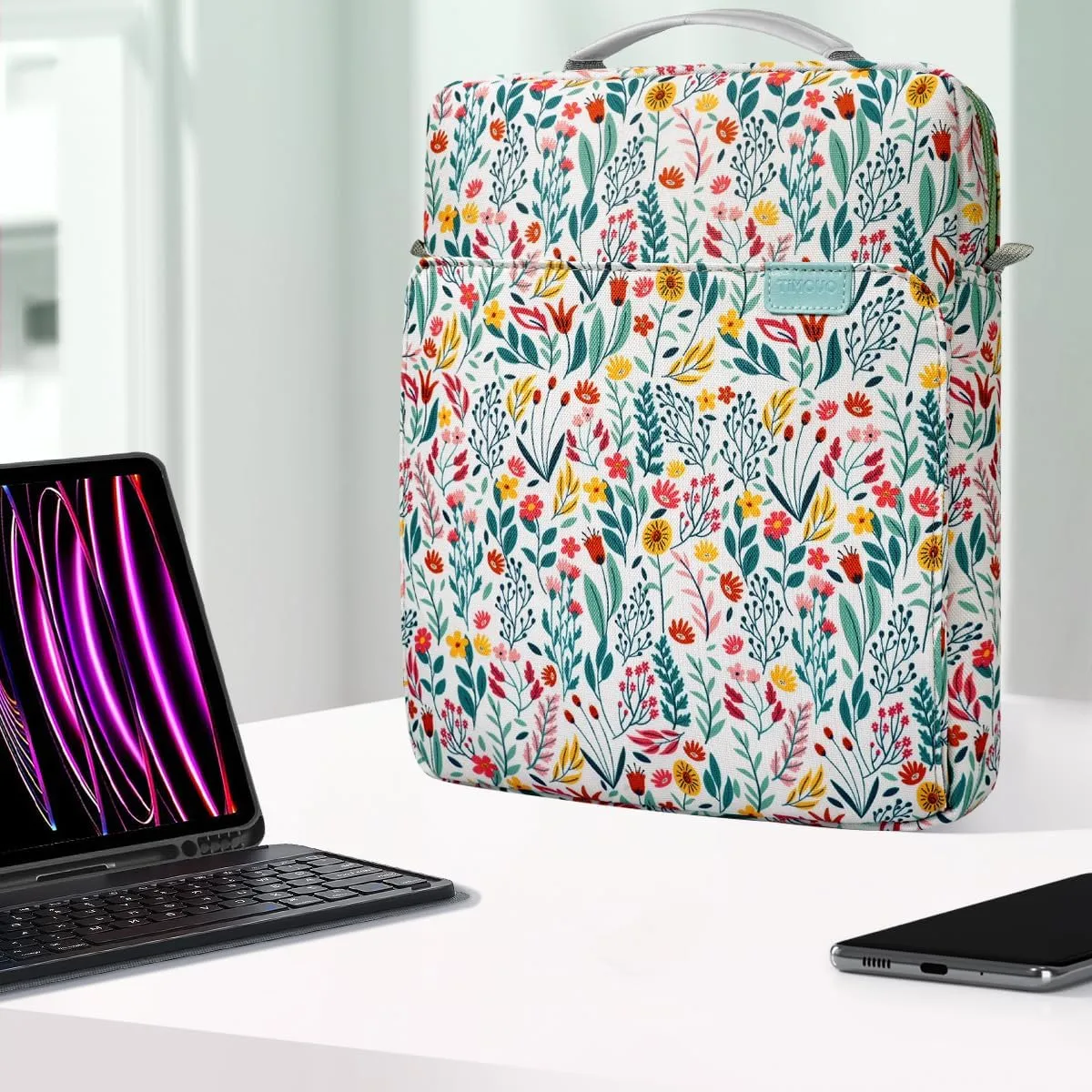 TiMOVO 13 Inch Tablet Sleeve Handbag with Shoulder Strap for iPad Air 13" M3 2025, iPad Pro 13", iPad Pro 12.9", Galaxy Tab S9 /S9 Plus/S10 /S10 Plus/S9 FE /S9 FE Plus 12.4", Flowers