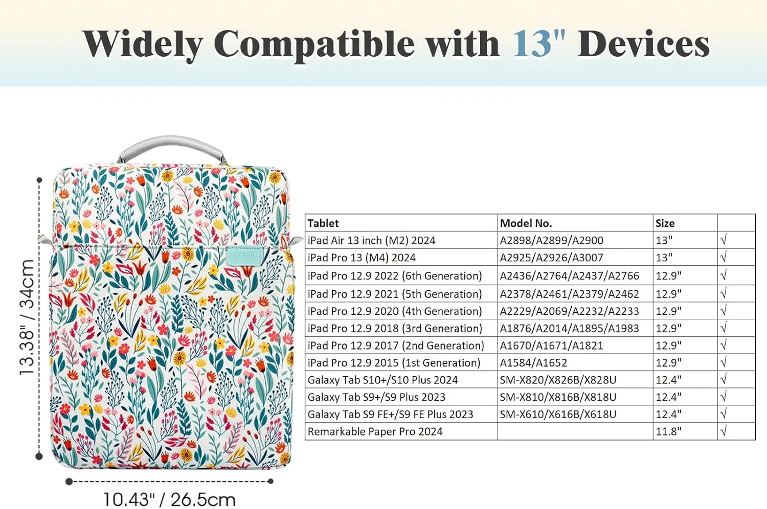 TiMOVO 13 Inch Tablet Sleeve Handbag with Shoulder Strap for iPad Air 13" M3 2025, iPad Pro 13", iPad Pro 12.9", Galaxy Tab S9 /S9 Plus/S10 /S10 Plus/S9 FE /S9 FE Plus 12.4", Flowers