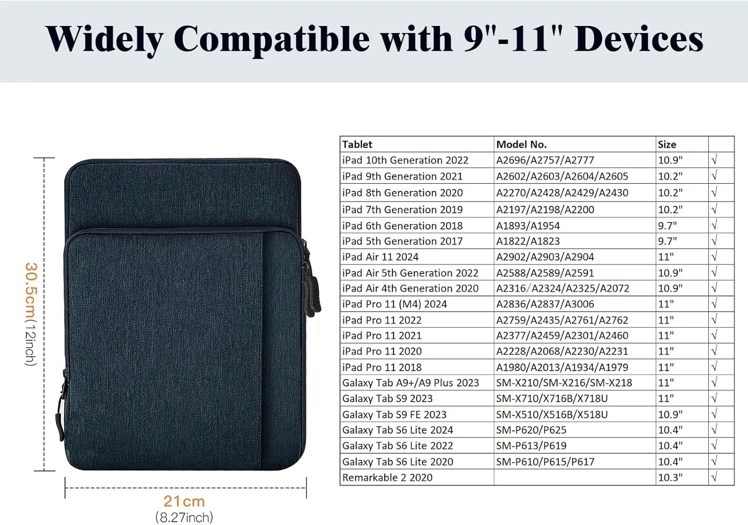 TiMOVO 9-11 Inch Tablet Sleeve Bag for iPad 11-inch A16 2025, iPad 10th Gen. 10.9", iPad 10.2", iPad Air 11/Air 5th/4th Gen. 10.9", Galaxy Tab A9 /A9 Plus 11", Carrying Bag with Pockets, Indigo