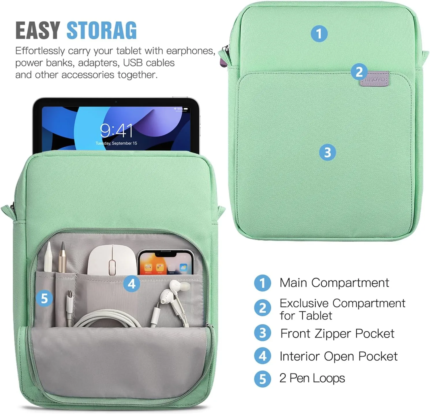 TiMOVO 9-11 Inch Tablet Sleeve Bag with Shoulder Strap for iPad 11-inch A16 2025, iPad 10th Gen. 10.9", iPad 9th/8th/7th Gen. 10.2", iPad Air 11/5th/4th Gen. 10.9", Galaxy Tab A9 Plus 11", Bodhi Green